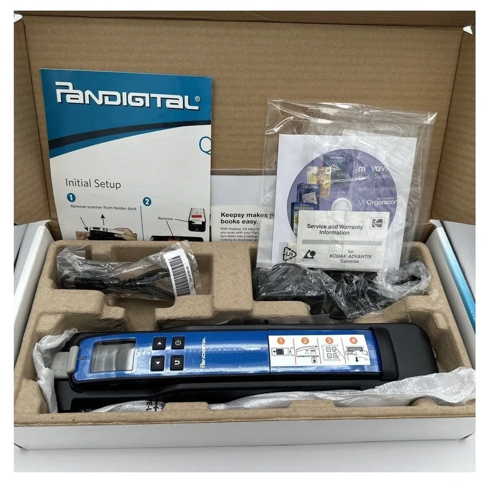 Pandigital Handheld Wand Scanner Feeder Dock Blue 8.5x14 Open Box Complete